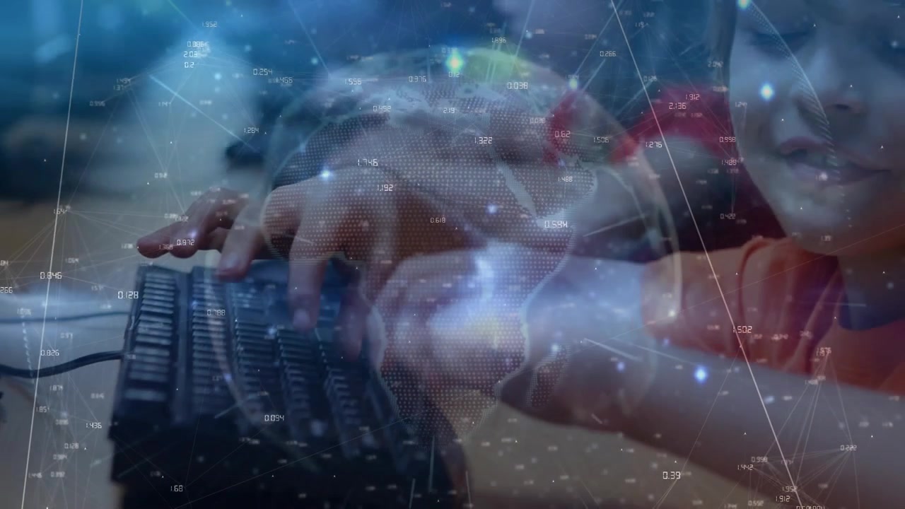 Animation af et netværk af forbindelser over en globus mod en kaukasisk dreng, der bruger en computer i skolen