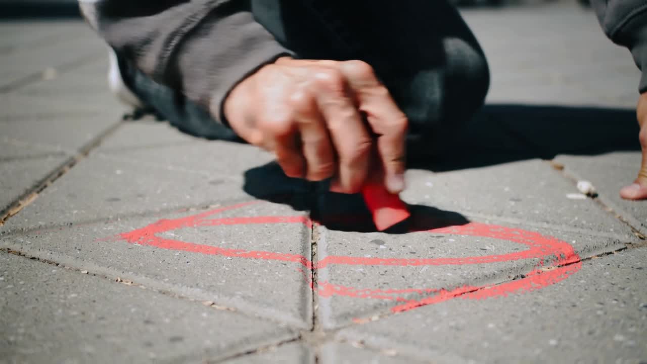 Placing red chalk, kneeling man in gray top tracing round marking over tile seam, darkening line