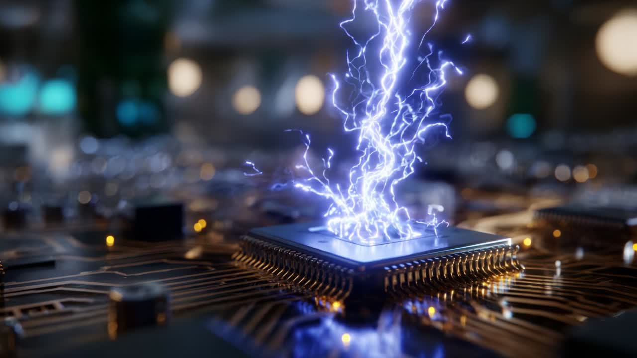 A dynamic visualization of electrical energy emanating from a microchip, showcasing the intricate design of circuit boards and the vibrant discharge of electrical potential in a futuristic technological environment