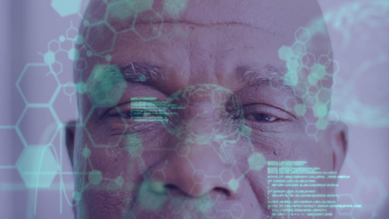 Animation of scientific data processing over senior african american male doctor