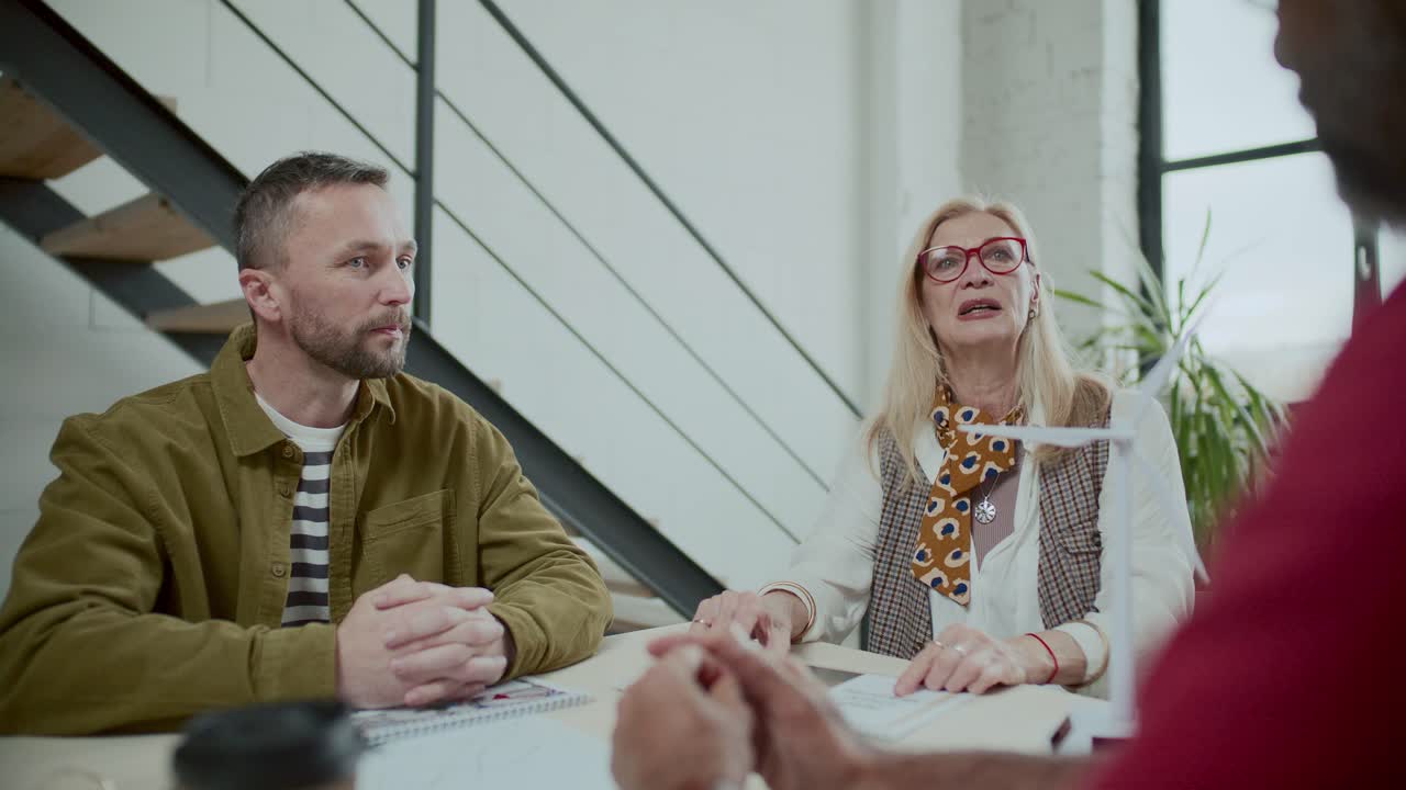 Kvindelig senior teamleder diskuterer projekt om vedvarende energi med kolleger.