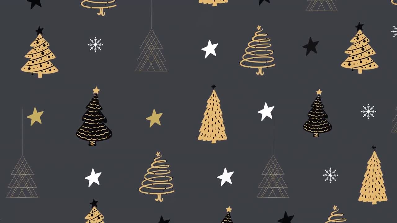 animación digital de múltiples iconos de árboles de navidad y estrellas contra un fondo gris