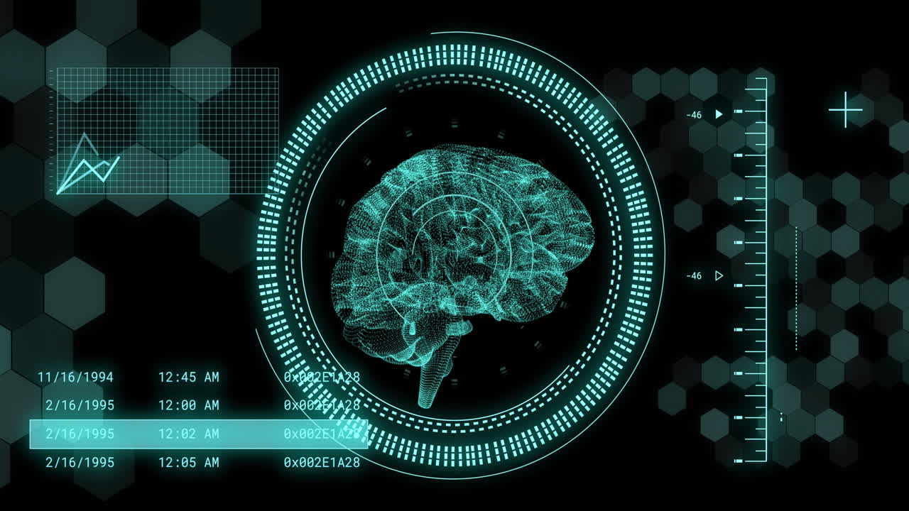 Animation of human brain and digital data processing over black background