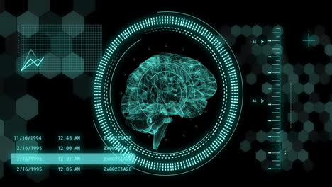 animation of human brain and digital data processing over black background