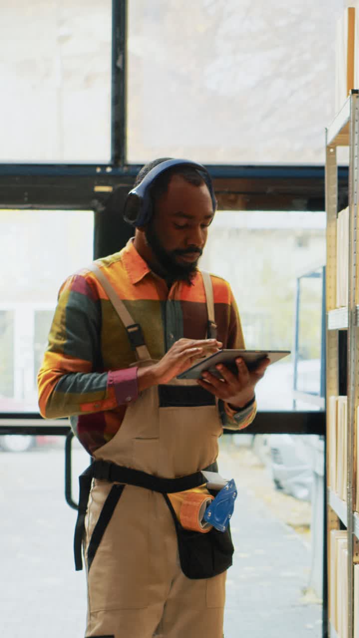 Vertical video: Cheerful worker listening to music and checking products