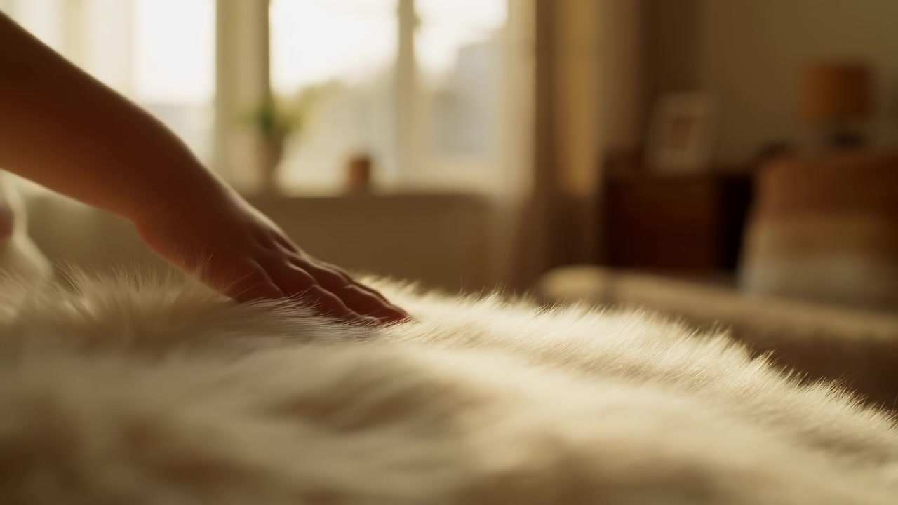 La mano sinistra accarezza delicatamente una superficie di pelliccia o ecopelliccia chiara e soffice in primo piano, con palmo e polpastrelli inclinati verso il basso vicino al letto, con un caldo bagliore dalla finestra, una sfocatura morbida e un'atmosfera domestica pacifica.