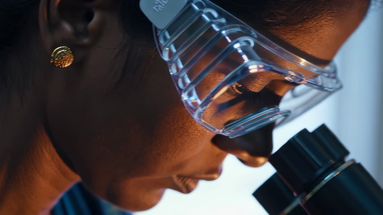 Close-up view of a person using a microscope in a laboratory