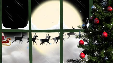 Santa-claus-and-reindeer-flying-over-moon,-window-view