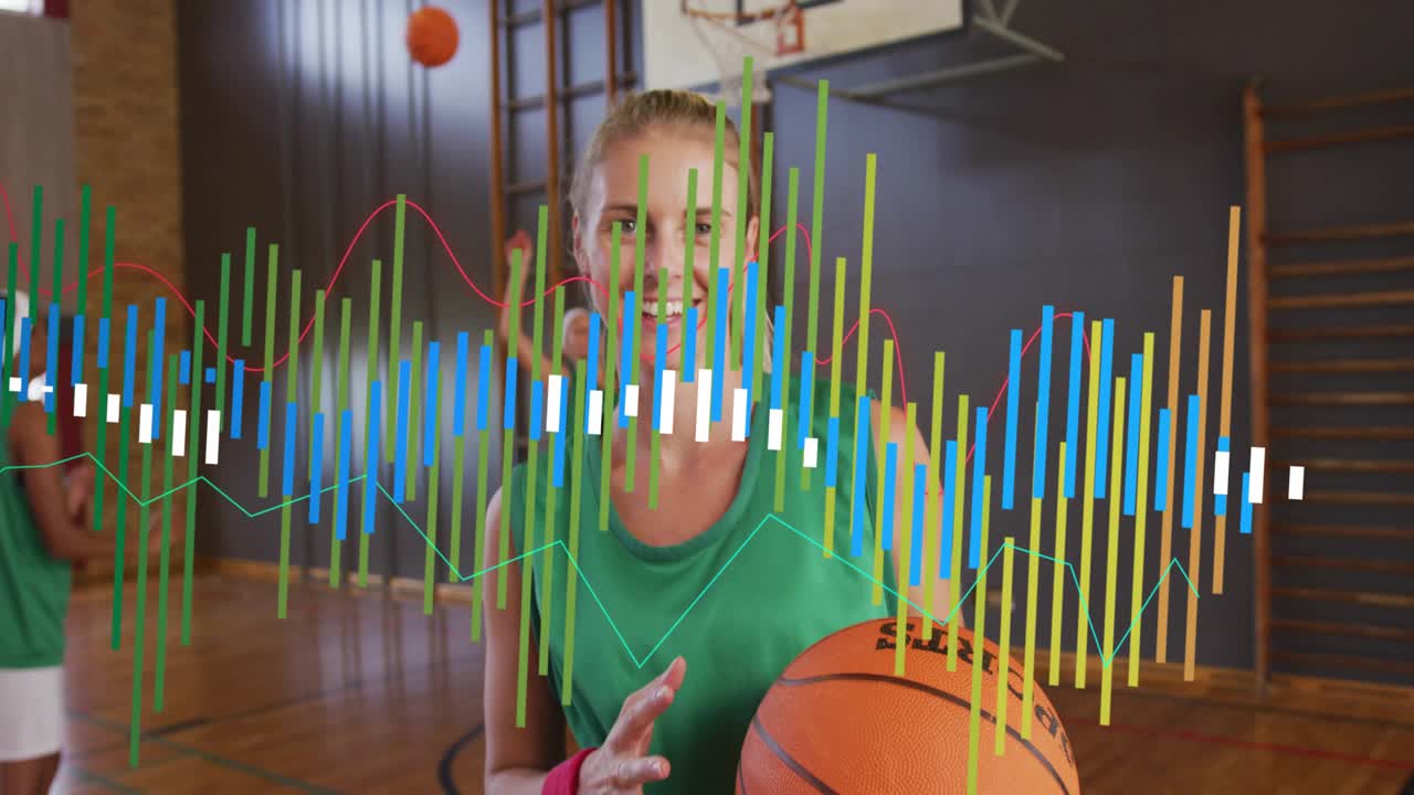 Kvinde holder en basketball i en idrætshal, med en graf der pulserer ind, visualiserer præstation, mens en holdkammerat skyder.