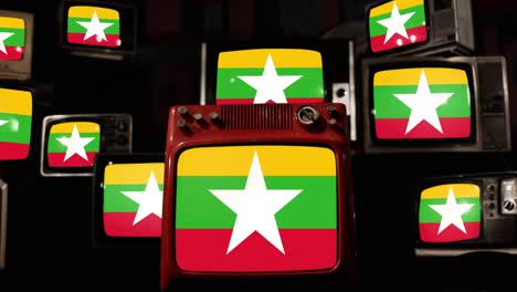 la bandera de myanmar y los televisores antiguos. resolución 4k.