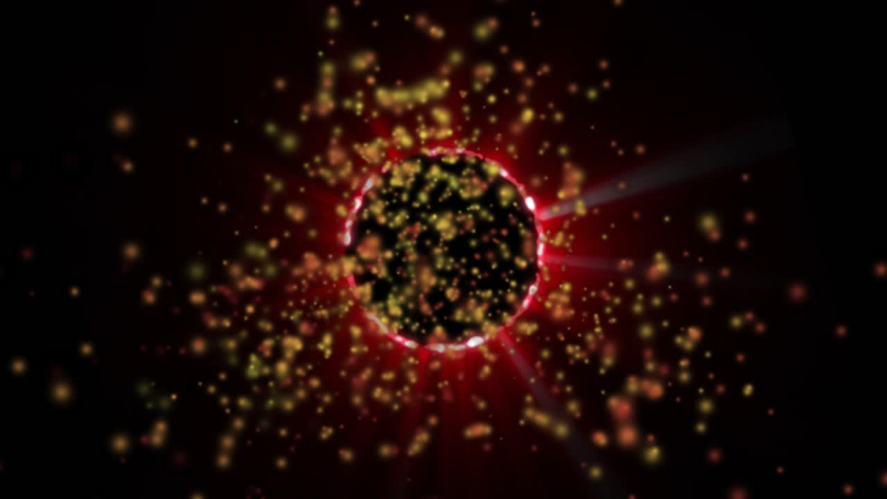 Pulsating red ring emitting rays initiating golden sparks swirling disk rim forming dynamic corona