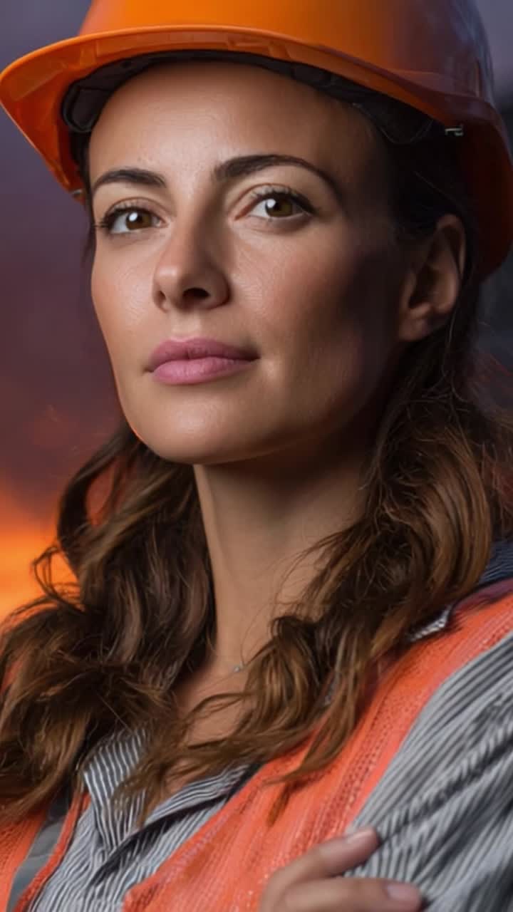 Confident Construction Worker in Safety Gear: A Portrait of Strength and Determination with Helmet and Safety Vest Against a Dramatic Background