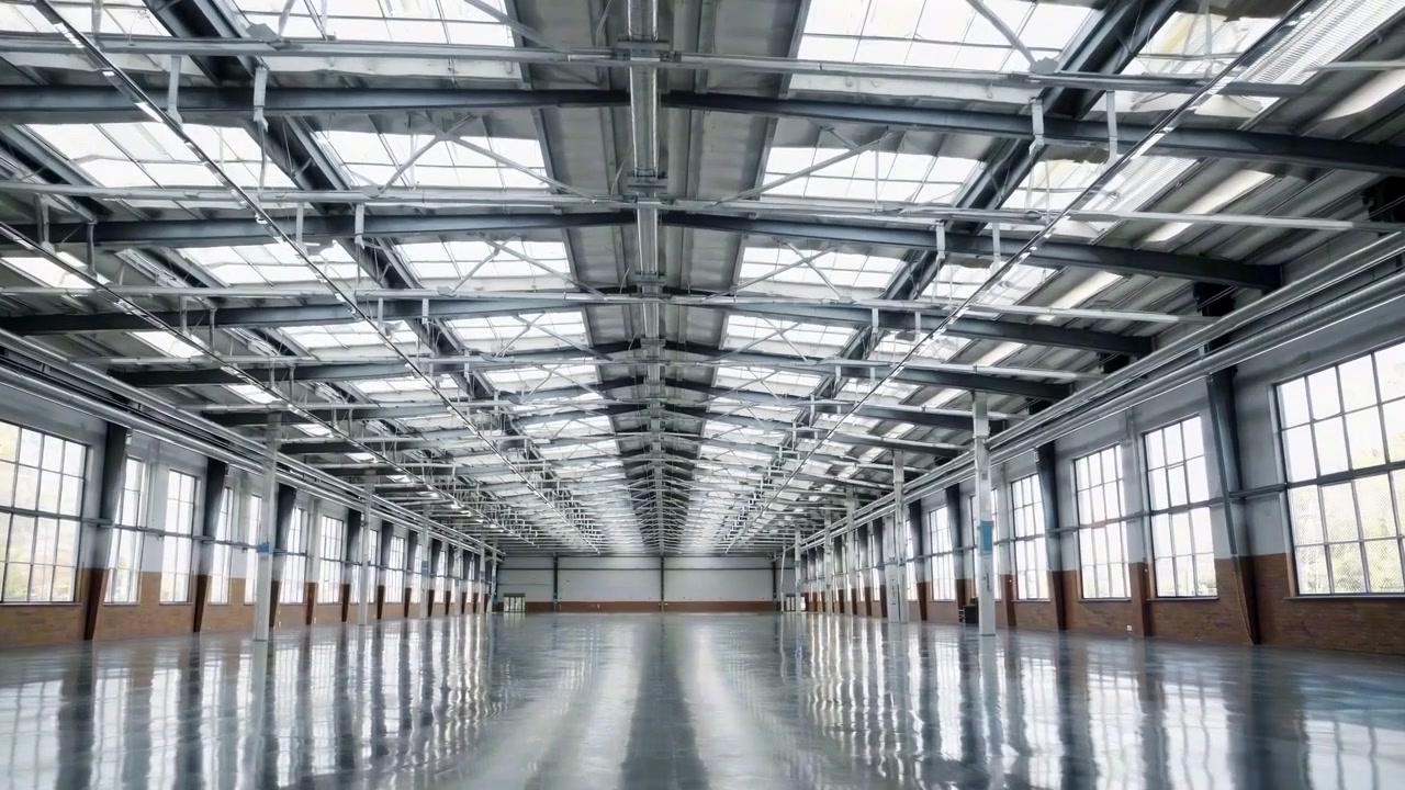 Tomt moderne industrielt lagerinteriør med højt til loftet