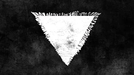Abstract grunge dirty monochrome triangle shape on black background. Scratched damaged dynamic element in trendy vintage stop motion style. Seamless loop animation for design banner, stamp.
