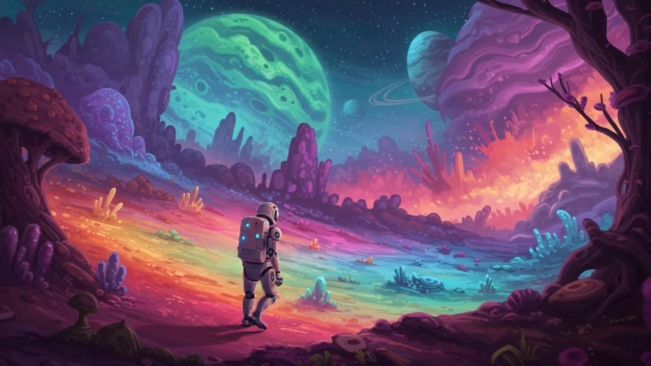 En astronaut utforsker et imponerende fremmed landskap fylt med fargerike krystaller og utenomjordisk flora under en levende kosmisk himmel med planeter og himmellegemer