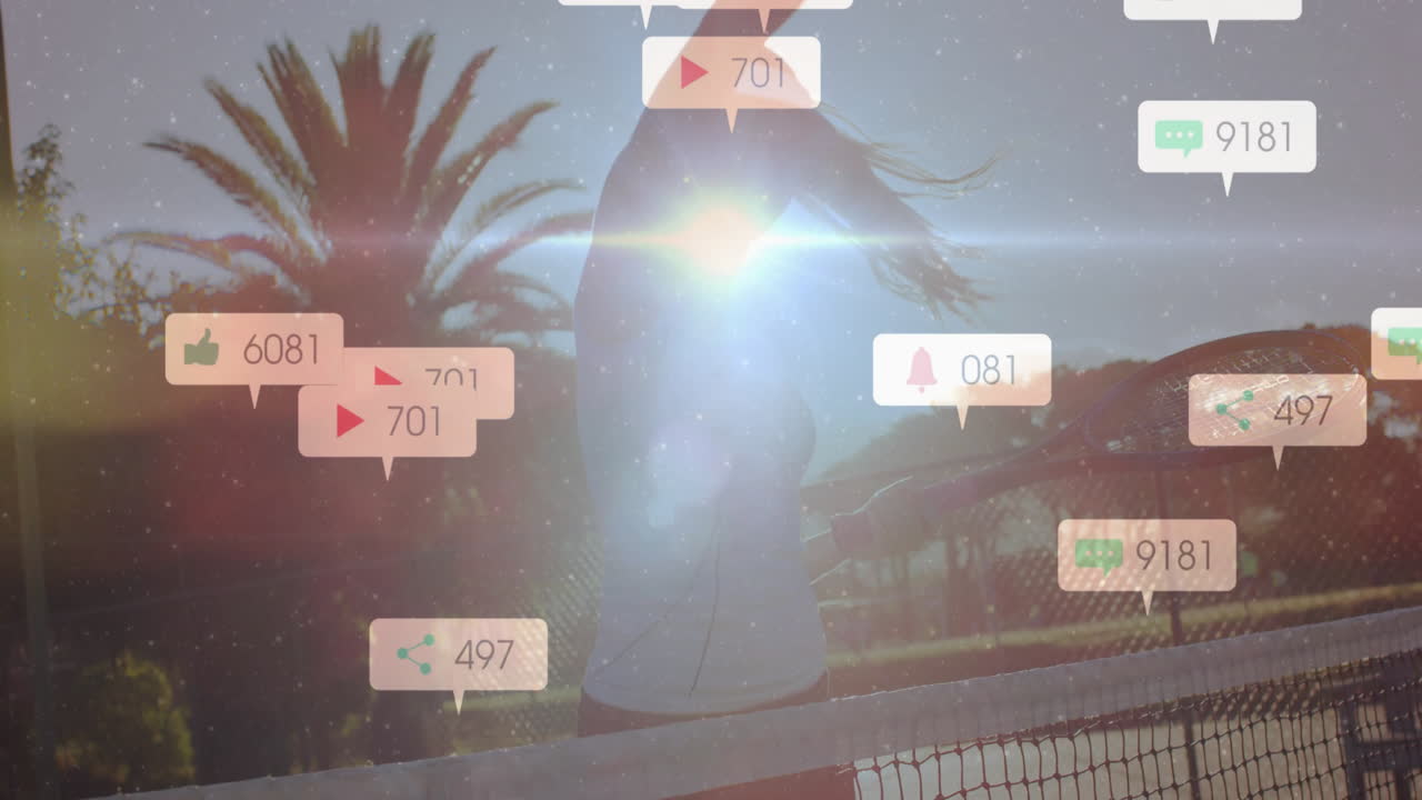 Female tennis player swinging racket on court showing social media icons for marketing