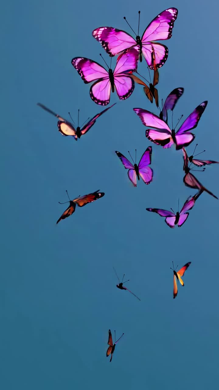 Vista aerea di farfalle vibranti arancioni e viola contro un cielo azzurro, creando una serena