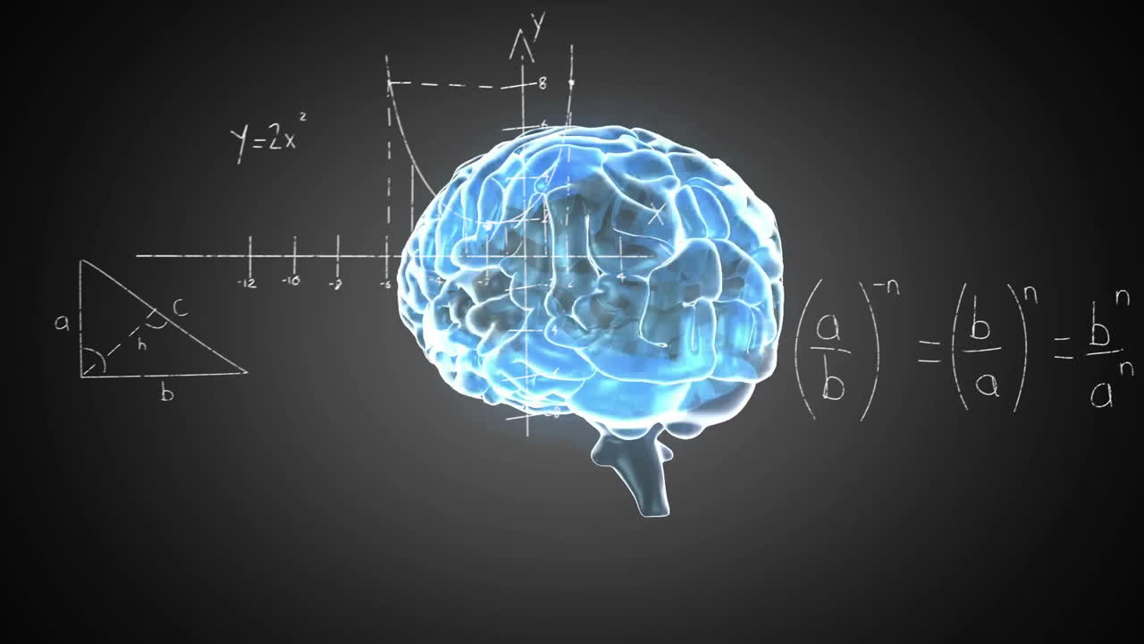 animación del cerebro digital sobre ecuaciones matemáticas en fondo negro
