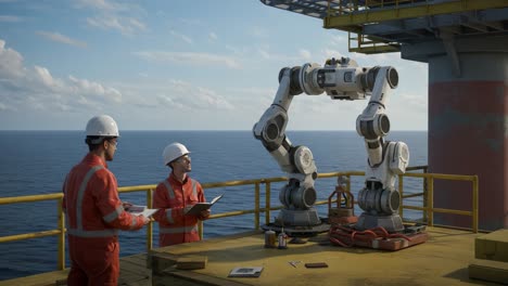 technological advancements in offshore operations: two workers collaborate with a robotic arm on a platform overlooking the ocean