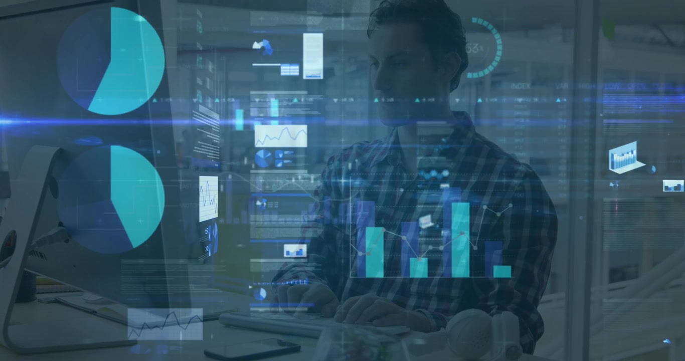 Animation of data processing over caucasian businessman