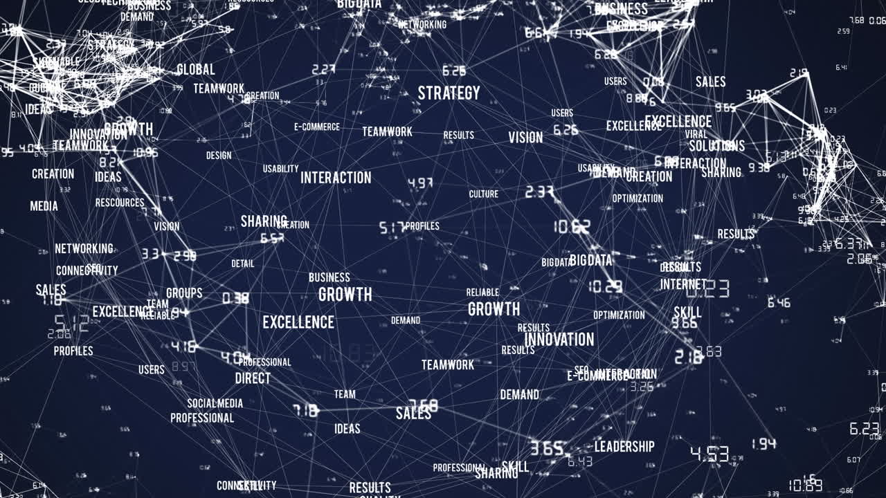 animación de la red de conexiones con textos comerciales en fondo azul