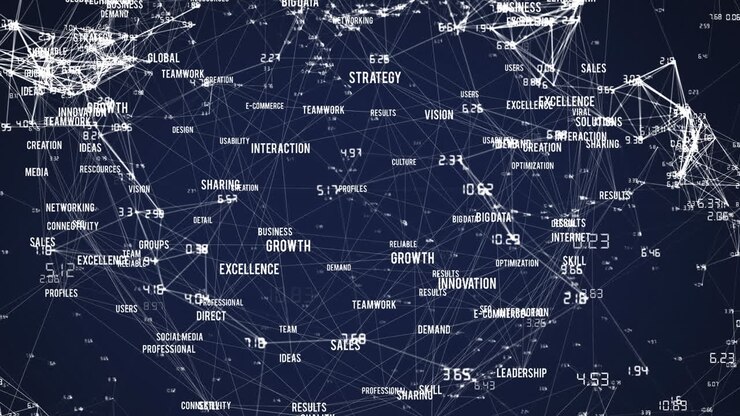 Animation of network of connections with business texts on blue background