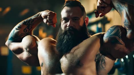 a man with a long beard flexing his biceps in a gym