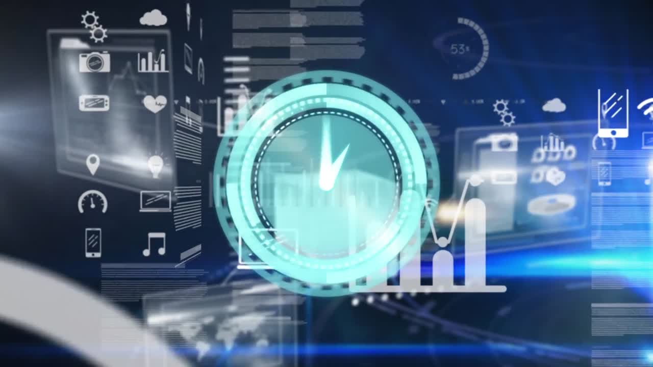animación del reloj y el procesamiento de datos en fondo oscuro