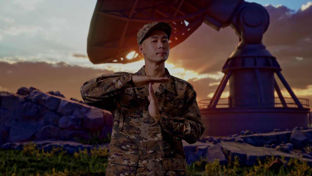 Asian Man Soldier Looking At Camera And Showing Time Out Hands Gesture While Standing With Satellite Dish