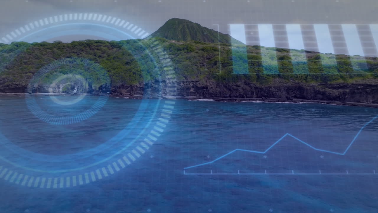 Coastal view showing green volcanic hill and rocky coast with floating HUD bar and line charts