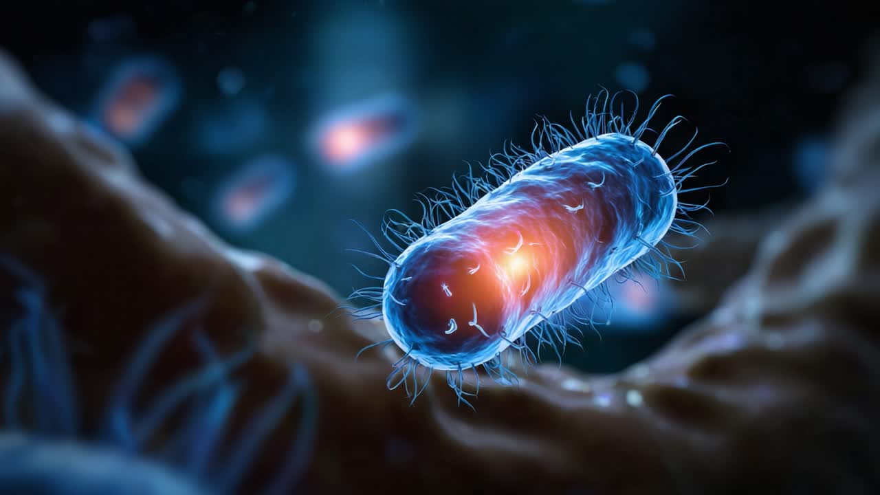 Microscopic View of a Bacterium: Stunning Imagery of Cellular Structure, Vibrant Colors, and Bioluminescent Detailing in a Microbial Environment Under Electron Microscopy