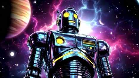 a futuristic robot stands boldly in a vibrant cosmic landscape, surrounded by swirling galaxies and distant planets, symbolizing the intersection of technology and the universe