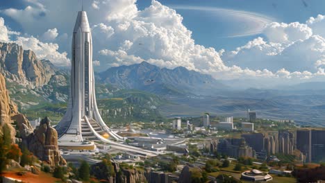 a panoramic view of a futuristic city with a ringed planet in the sky