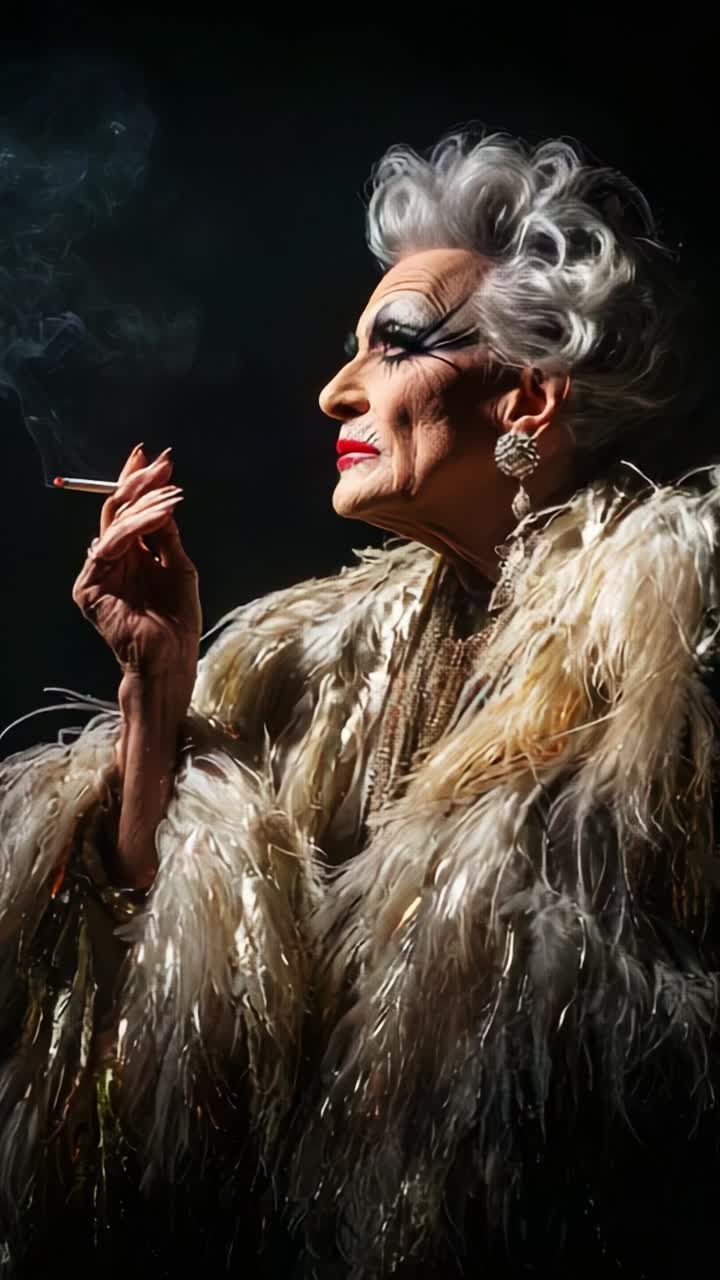 Un'icona di moda carismatica che emana eleganza e fascino, avvolta in una lussuosa pelliccia, illuminata da ombre tenui, che fuma in modo avvincente con un portamento aggraziato