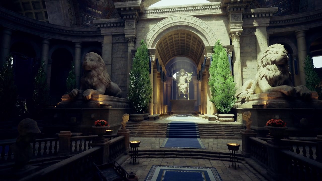 Antica cerimonia del tempio, camera lussuosa illuminata delicatamente con ombre e pilastri.
