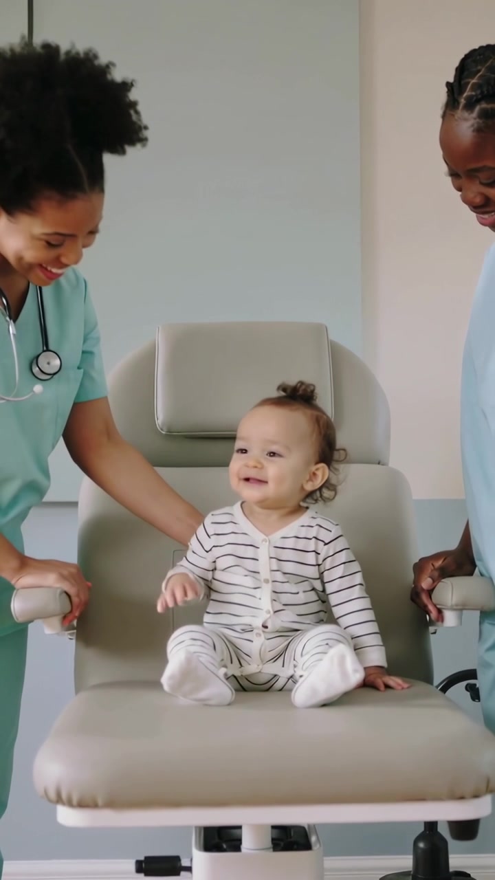 Video verticale: Un bambino in tutina a righe che si allunga, un'infermiera in camice che si appoggia per stabilizzare una sedia in clinica.