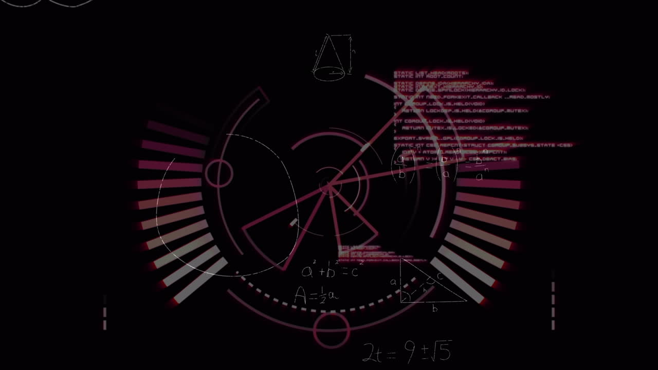 로딩 서클의 애니메이션과 수학적 방정식과 다이어그램을 가진 컴퓨터 언어