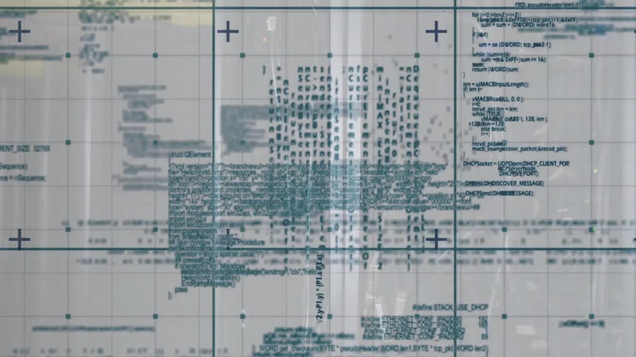 Code fragments drifting after new lines fading in, forming then dispersing while showing data flow
