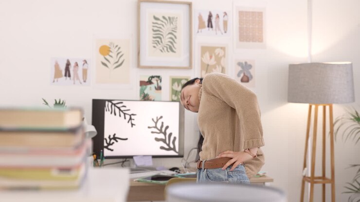 Alongamento, trabalho e mulher em design gráfico