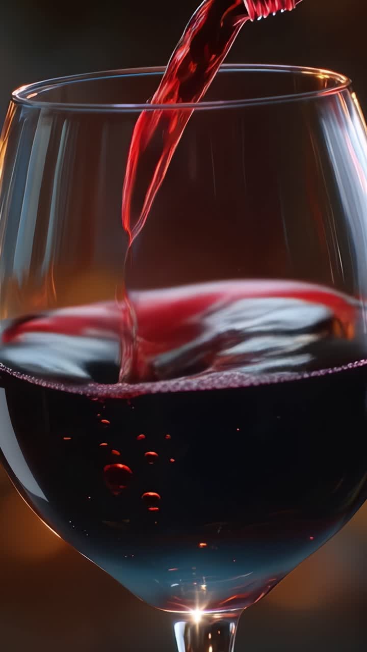 Un viaggio affascinante attraverso il vino rosso: l'arte di versare e gustare un lussuoso bicchiere di liquido rosso vibrante con bollicine e una ricca profondità di colore.