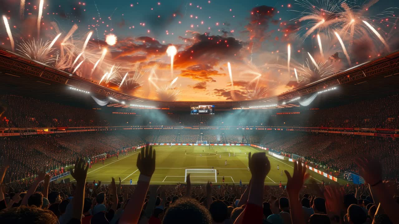 A wide-angle video shot of a vibrant soccer stadium at sunset, filled with cheering fans