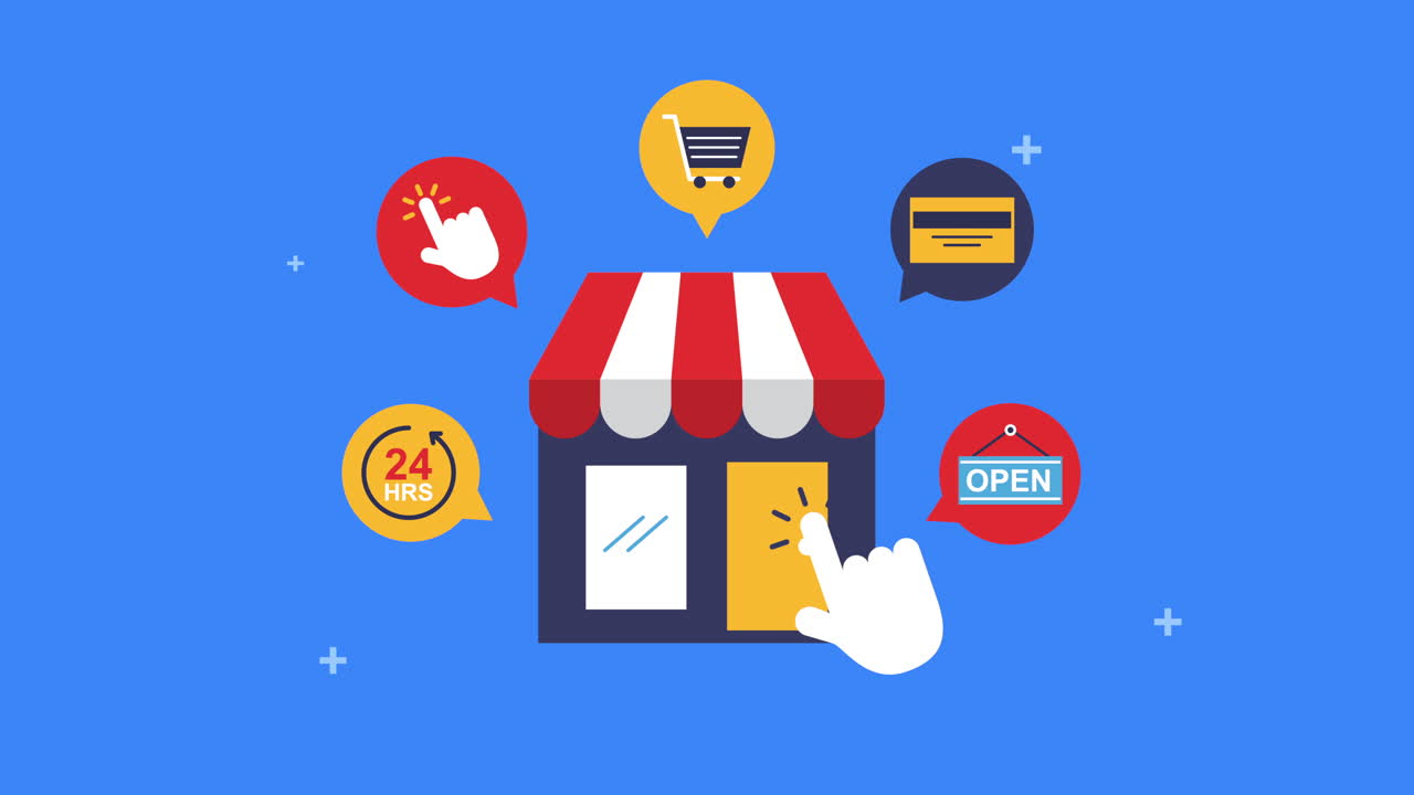 edificio de la tienda con los iconos de comercio electrónico