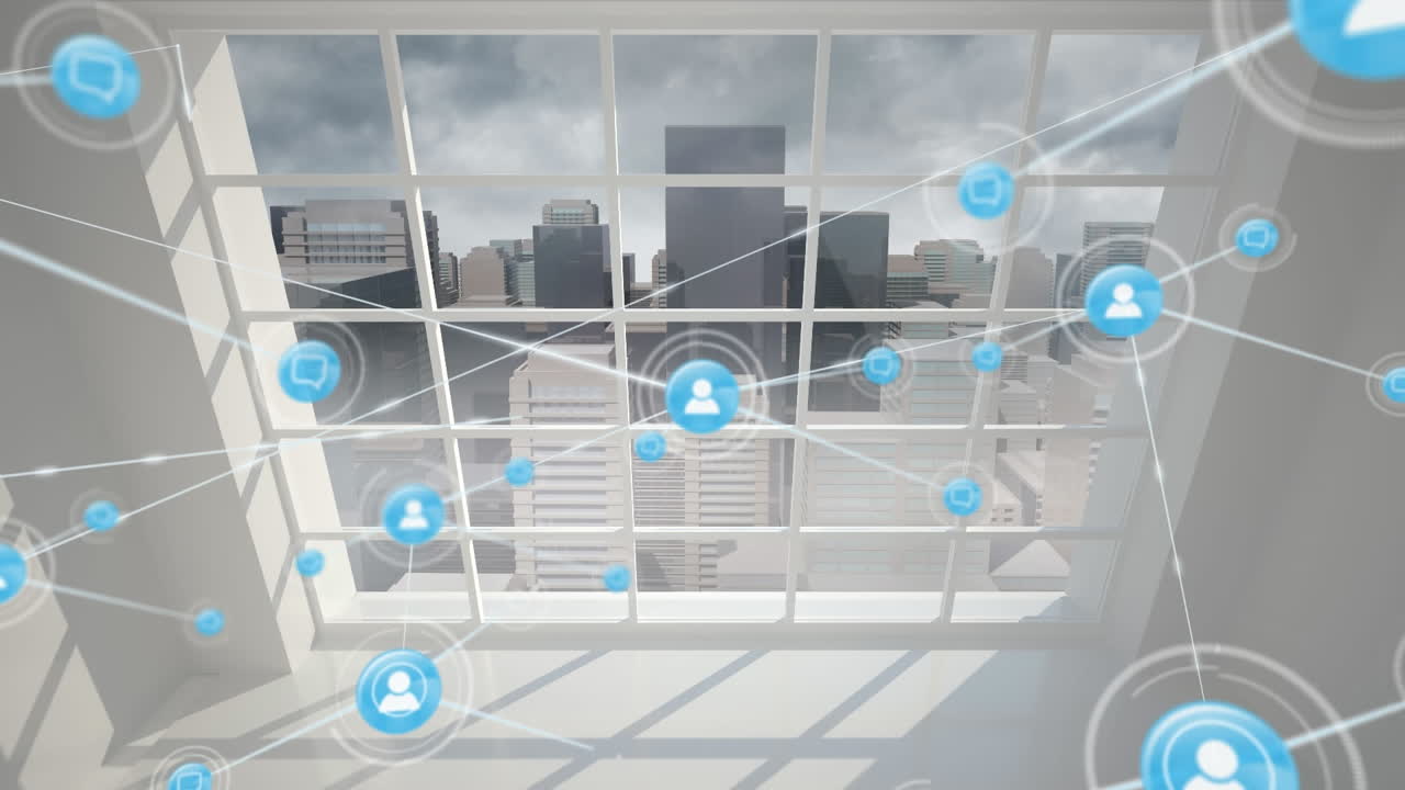 도시 풍경과 함께 창 위의 아이콘으로 연결 네트워크의 애니메이션