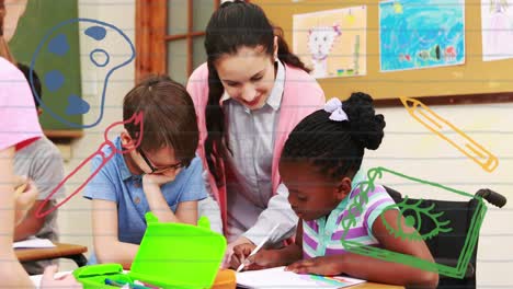 Animación-De-útiles-Escolares-Con-Caucásicos-Enseñando-A-Estudiantes-Multirraciales-En-El-Aula