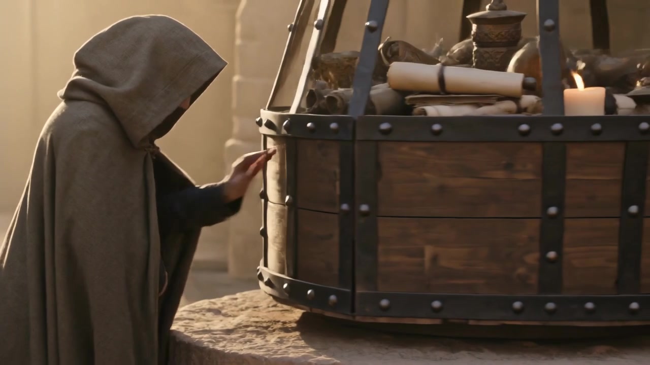Un clérigo encapuchado entrando e inspeccionando un recipiente con refuerzos de hierro en un templo, estudiando pergaminos y una vela.