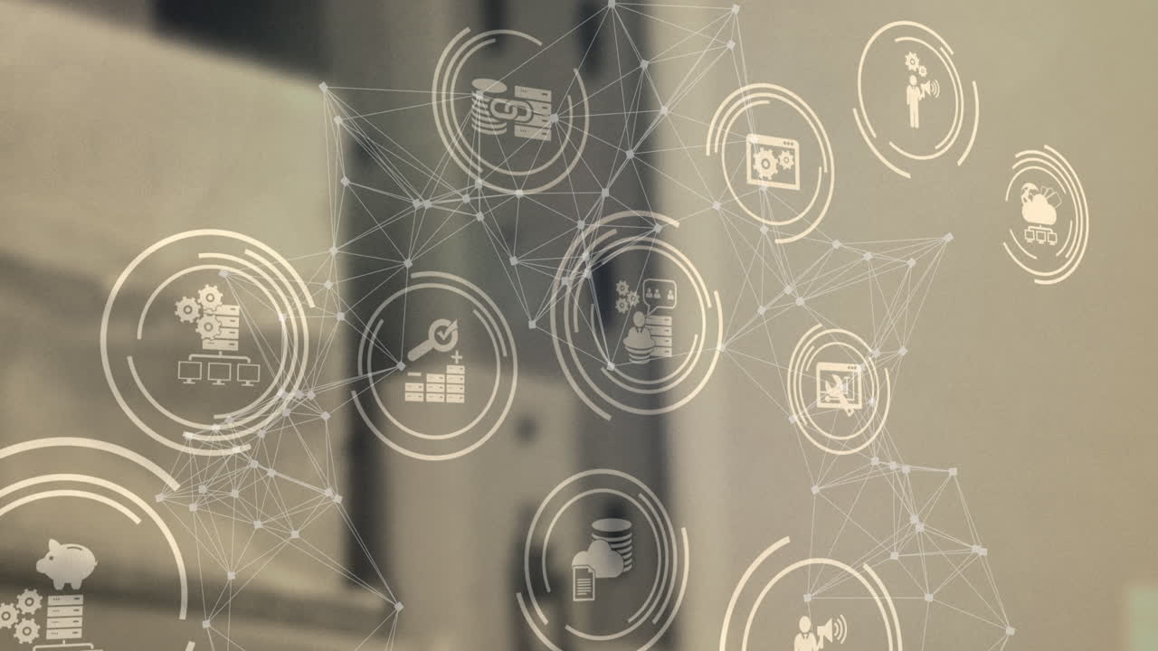 Animation of network of connections with icons over blurred background