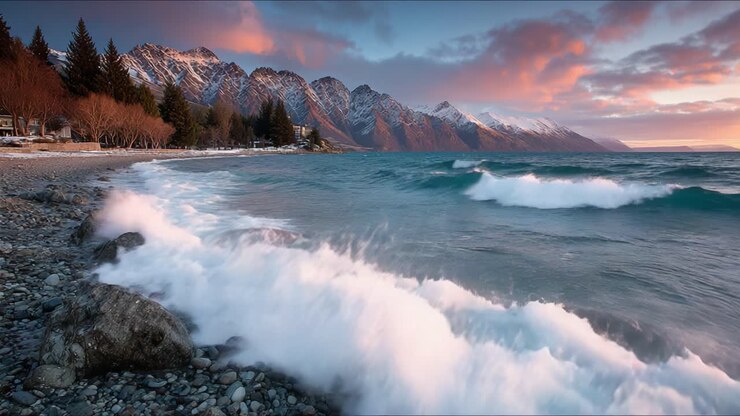 Eine friedliche Strandlandschaft in der Dämmerung: Sanft an felsige Küsten schlagende Wellen mit majestätischen Bergkulissen, untermalt von farbenprächtigen Abendhimmeln.