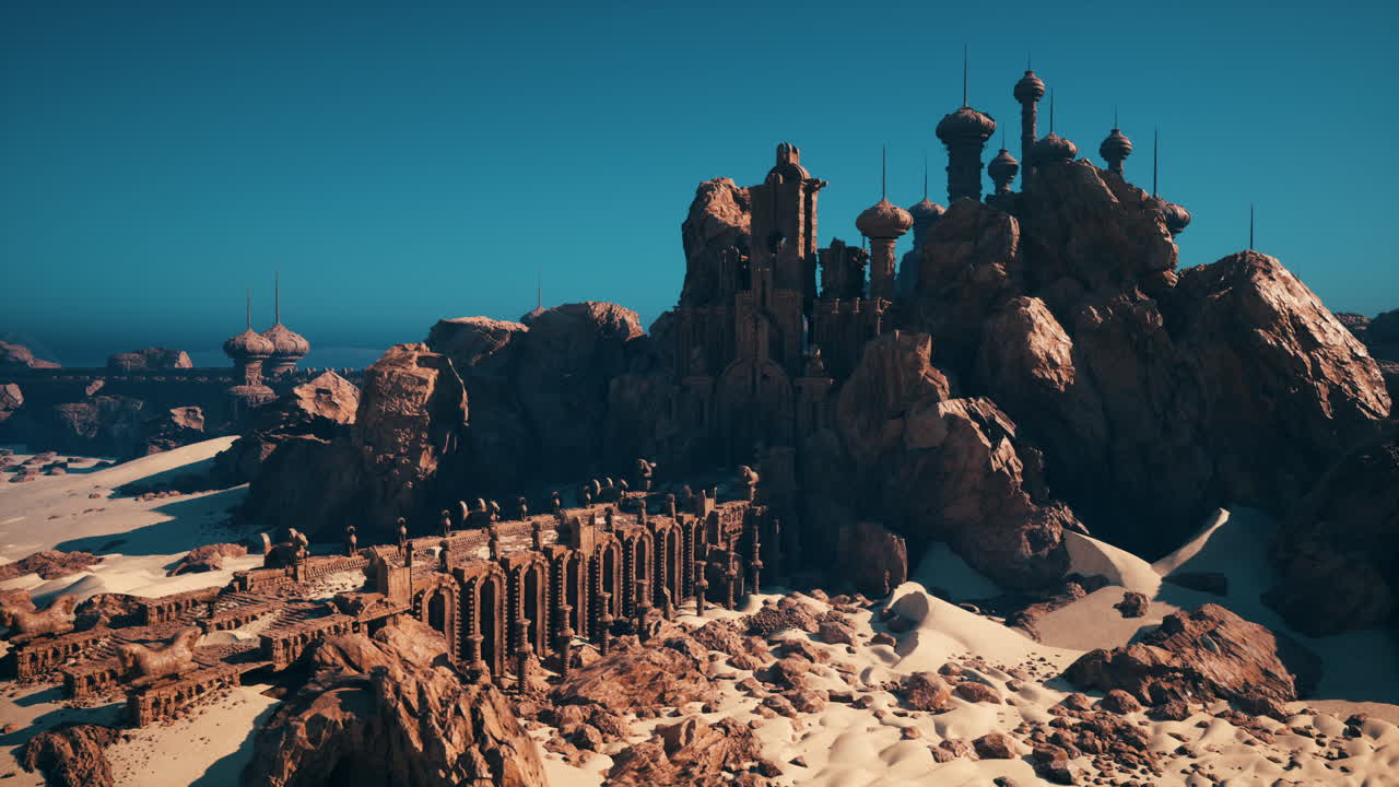Elevated view reveals sprawling desert fortress with towers and dunes
