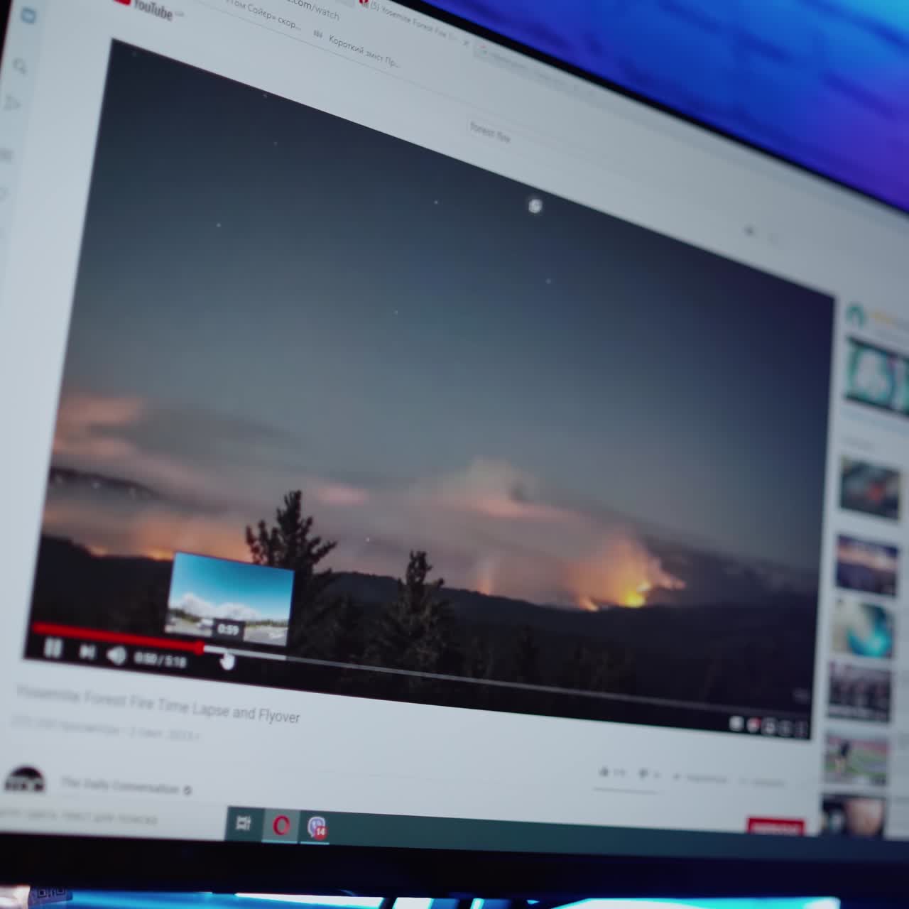 Film on the screen of a computer. Video about nature is shown on the monitor. Close-up.