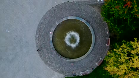 aerial view of round fountain from a drone point of view